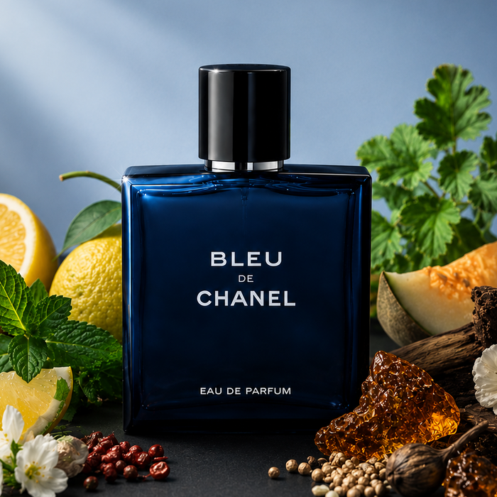 A bottle of Chanel Bleu de Chanel Eau de Parfum centered on a dark surface, surrounded by citrus slices, mint leaves, flowers, amber pieces, and wood, against a blue gradient background with soft light rays.