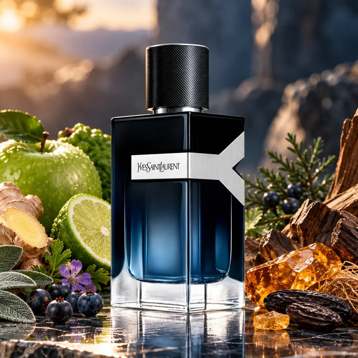 Yves Saint Laurent Y EDP bottle, hand-decanted into 5ml, 10ml and 20ml metal atomizers