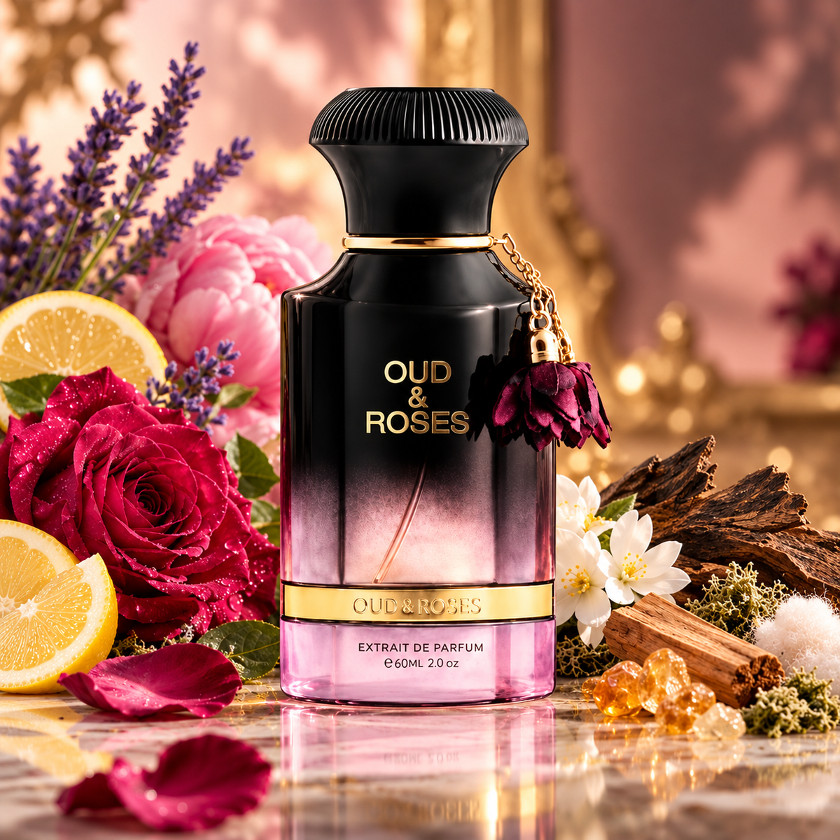 Ahmed Al Maghribi Oud and Roses perfume bottle, hand-decanted into 5ml, 10ml and 20ml metal atomizers
