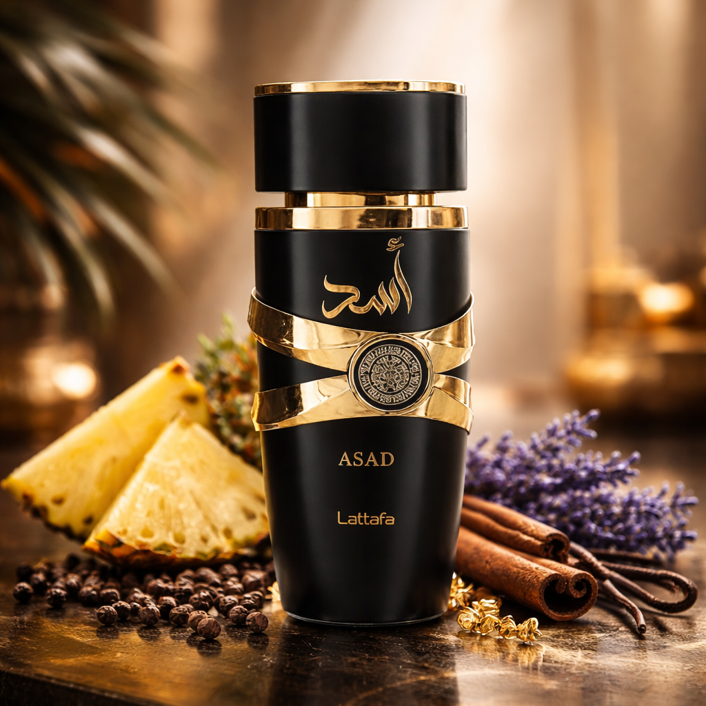 Black and gold bottle labeled 'Asad' on a wooden surface with spices and herbs.