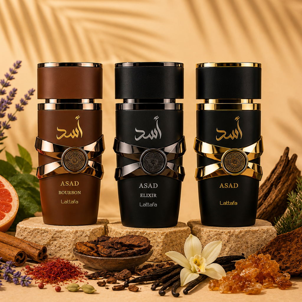 Lattafa Asad, Asad Bourbon and Asad Elixir bottles - 10ml decant discovery set