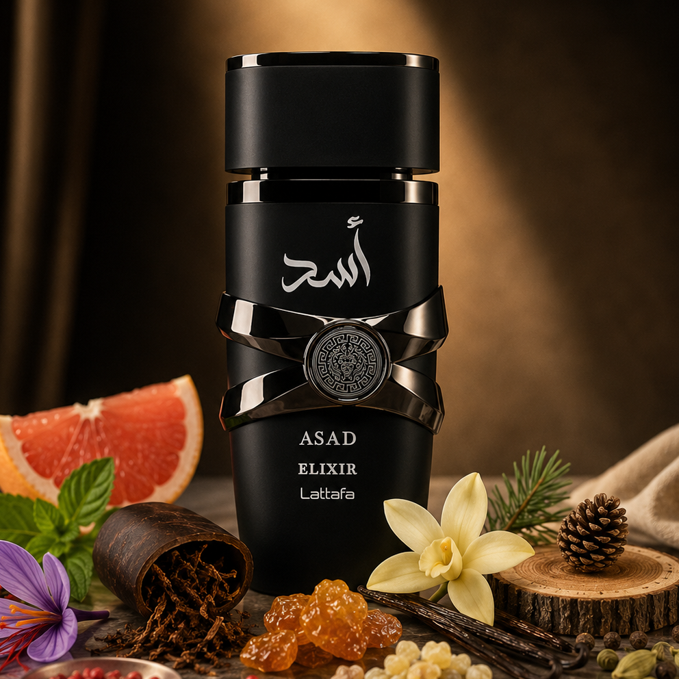 Lattafa Asad Elixir perfume bottle, authentic EDP decant