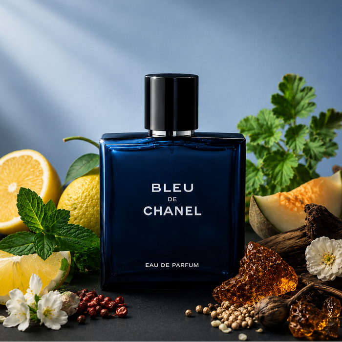 A bottle of Chanel Bleu de Chanel Eau de Parfum centered on a dark surface, surrounded by citrus slices, mint leaves, flowers, amber pieces, and wood, against a blue gradient background with soft light rays.