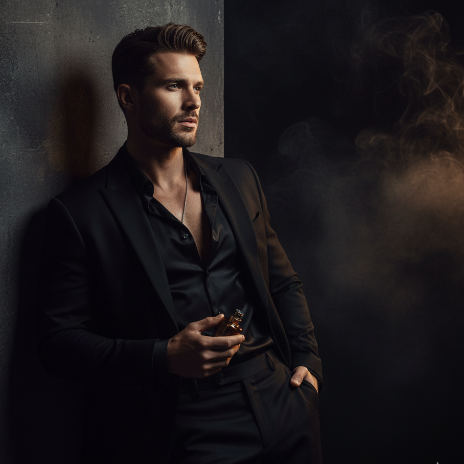 Man in a black suit holding a perfume against a dark background