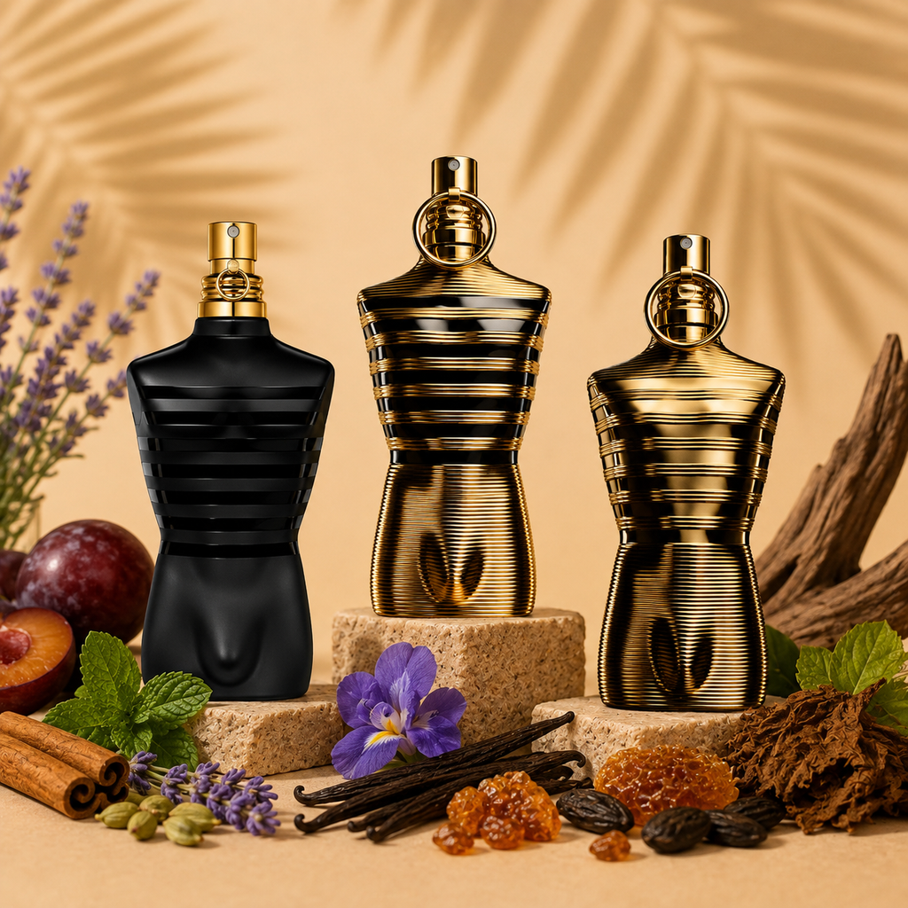 Jean Paul Gaultier Le Male Le Parfum, Le Male Elixir and Le Male Elixir Absolu bottles - 10ml decant discovery set