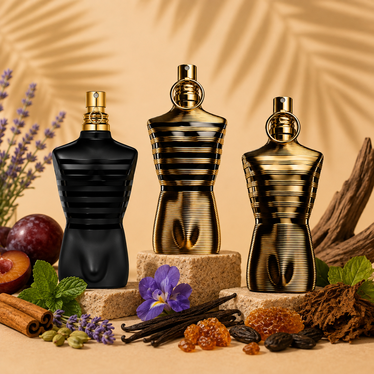 Jean Paul Gaultier Le Male Le Parfum, Le Male Elixir and Le Male Elixir Absolu bottles - 10ml decant discovery set