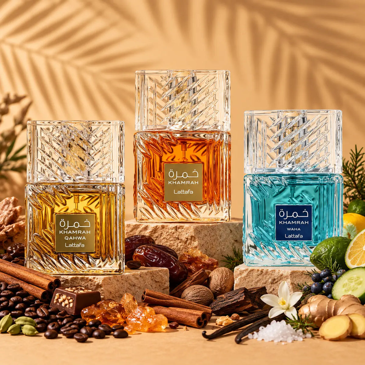 Lattafa Khamrah, Khamrah Qahwa and Khamrah Waha bottles - 10ml decant discovery set