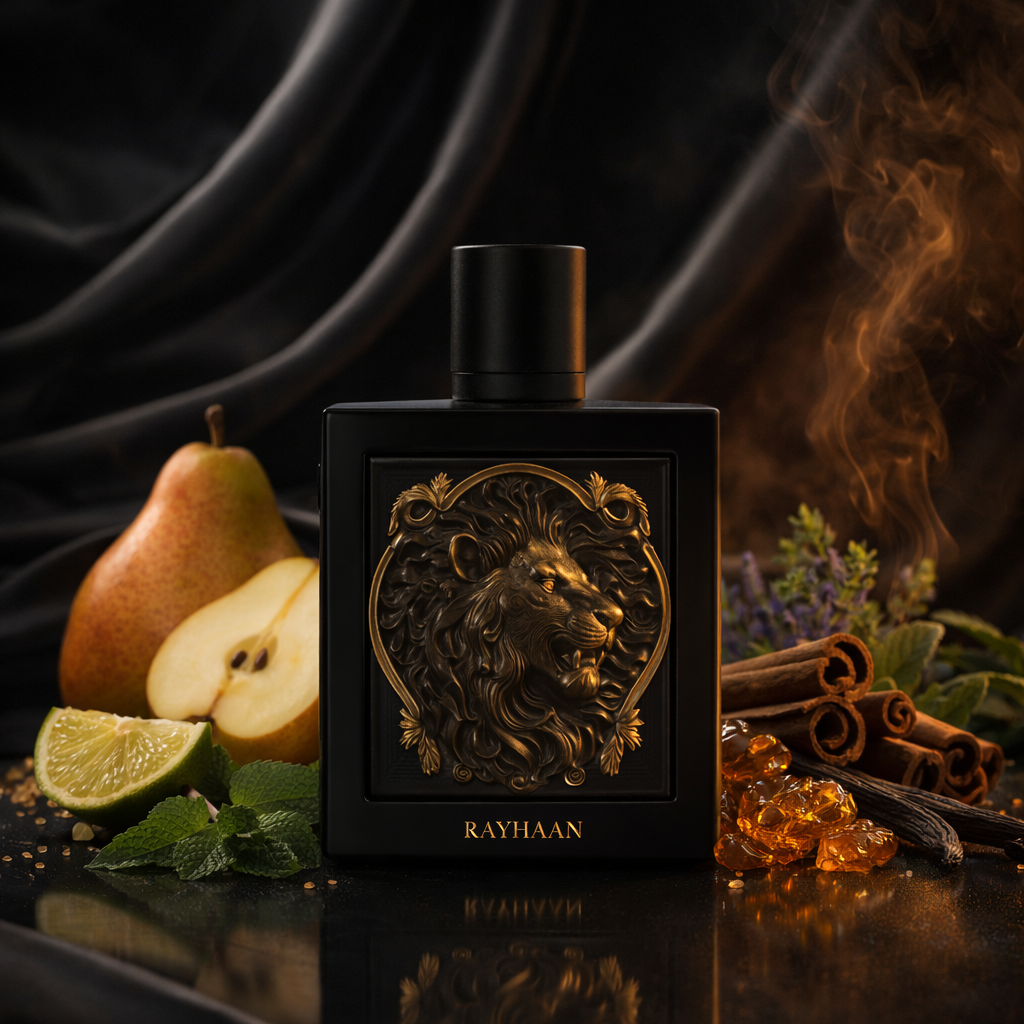 Black perfume bottle with gold lion emblem on a dark background with fruits and spices