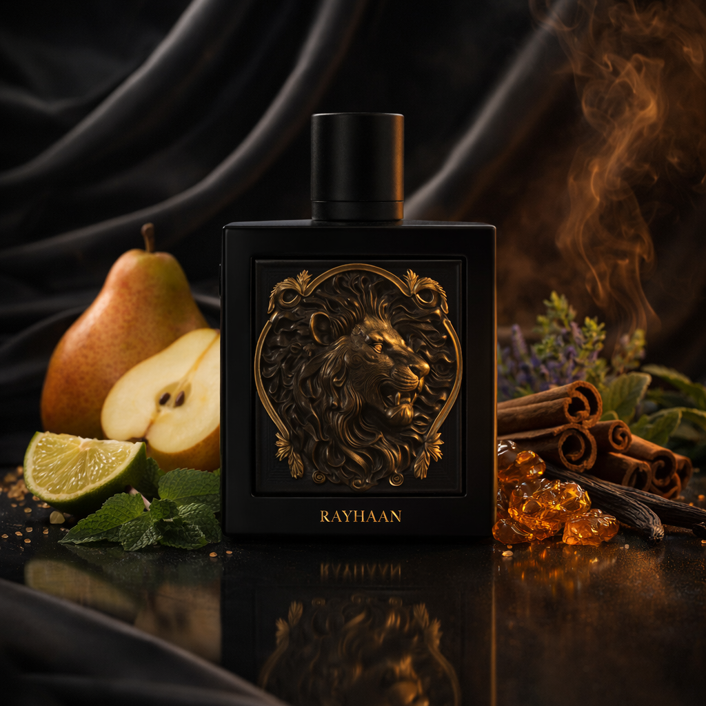 Black perfume bottle with gold lion emblem on a dark background with fruits and spices