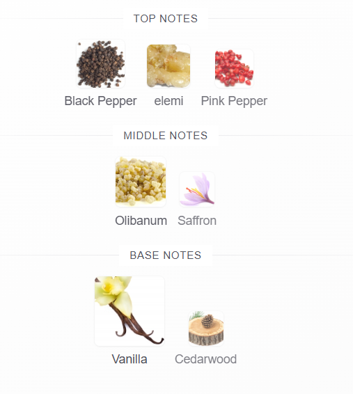 Paris Corner Rifaaqat fragrance notes - black pepper, elemi, saffron, vanilla, cedarwood