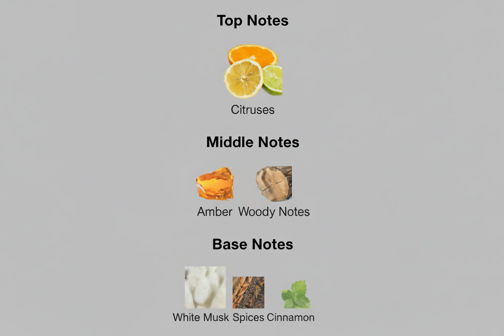 Diagram of top, middle, and base notes in a fragrance with corresponding images and labels.
