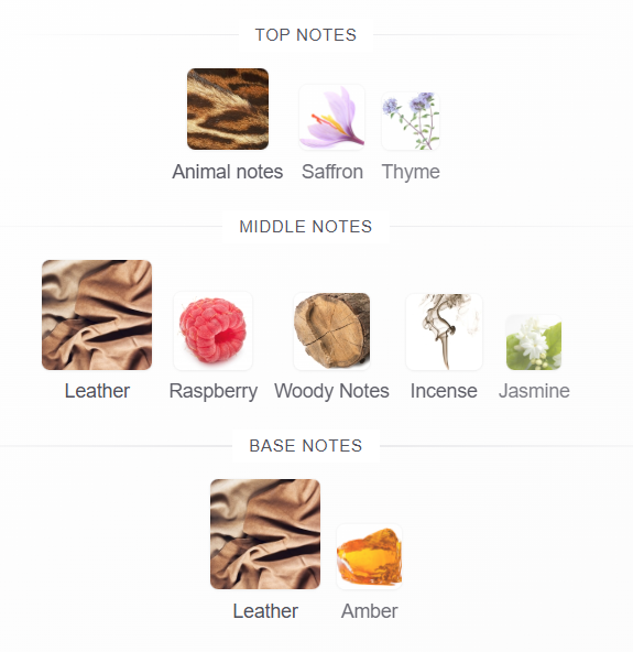 Maison Alhambra Toscano Leather fragrance notes - raspberry, leather, saffron, incense, amber