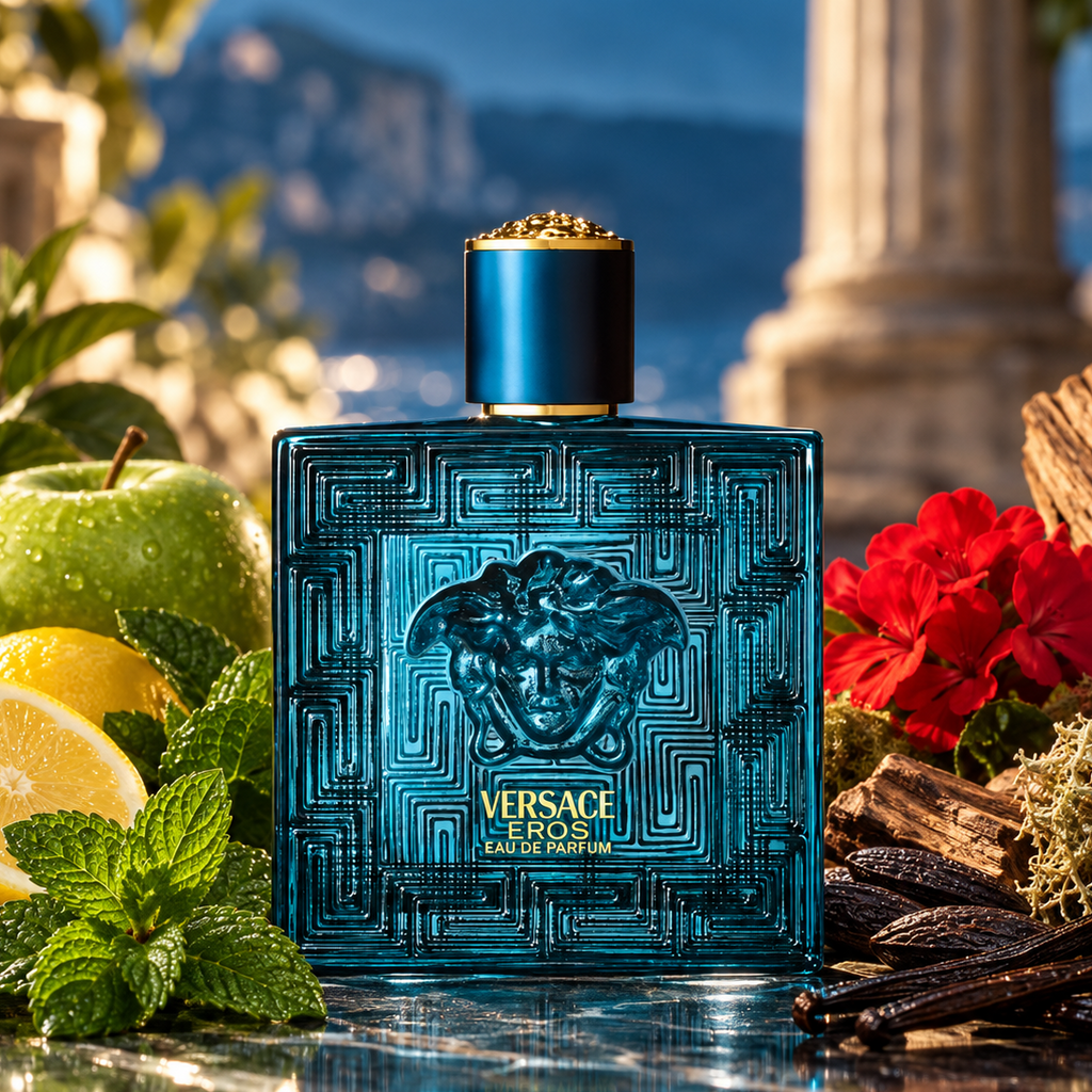 Versace Eros EDP perfume bottle, hand-decanted into 5ml, 10ml and 20ml metal atomizers