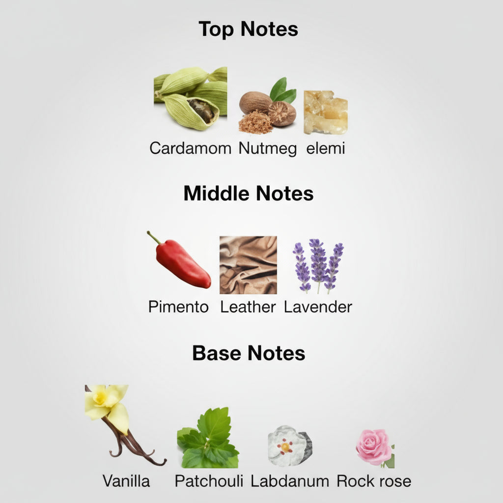 Chart showing top, middle, and base notes of a fragrance with corresponding images and names.