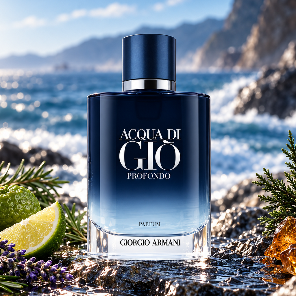 Giorgio Armani Acqua di Gio Profondo Parfum bottle, hand-decanted into 5ml, 10ml and 20ml metal atomizers