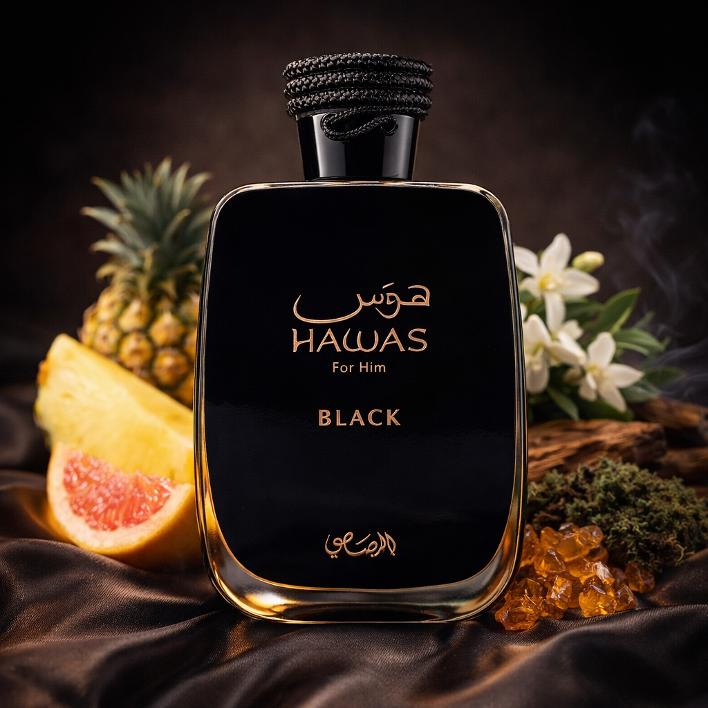 Hawas Black perfume bottle with fruits and flowers on a dark background