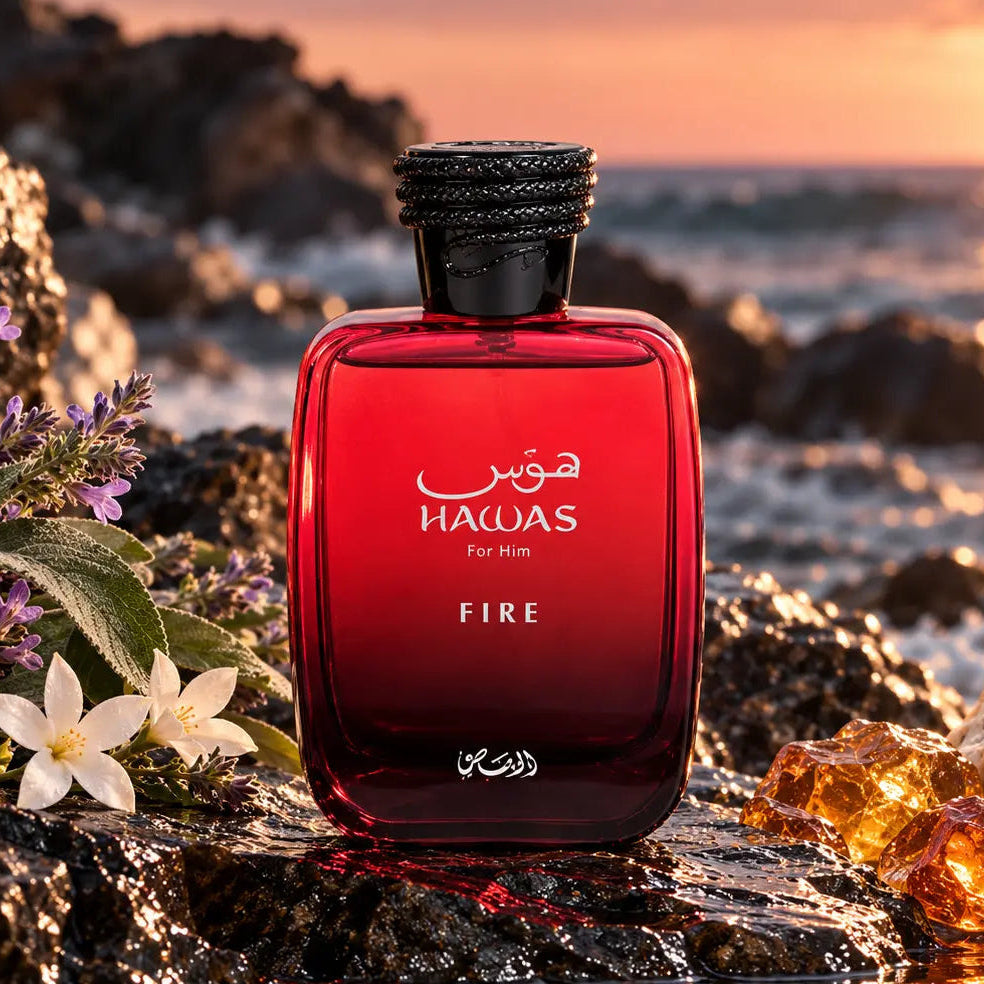 Rasasi Hawas Fire EDP bottle, hand-decanted into 5ml, 10ml and 20ml metal atomizers