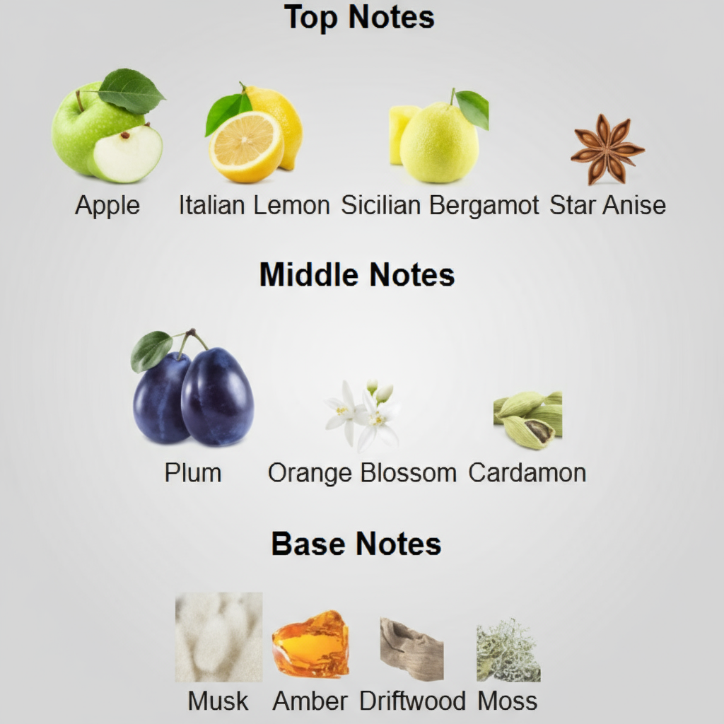Chart of top, middle, and base notes with corresponding images and names on a white background.