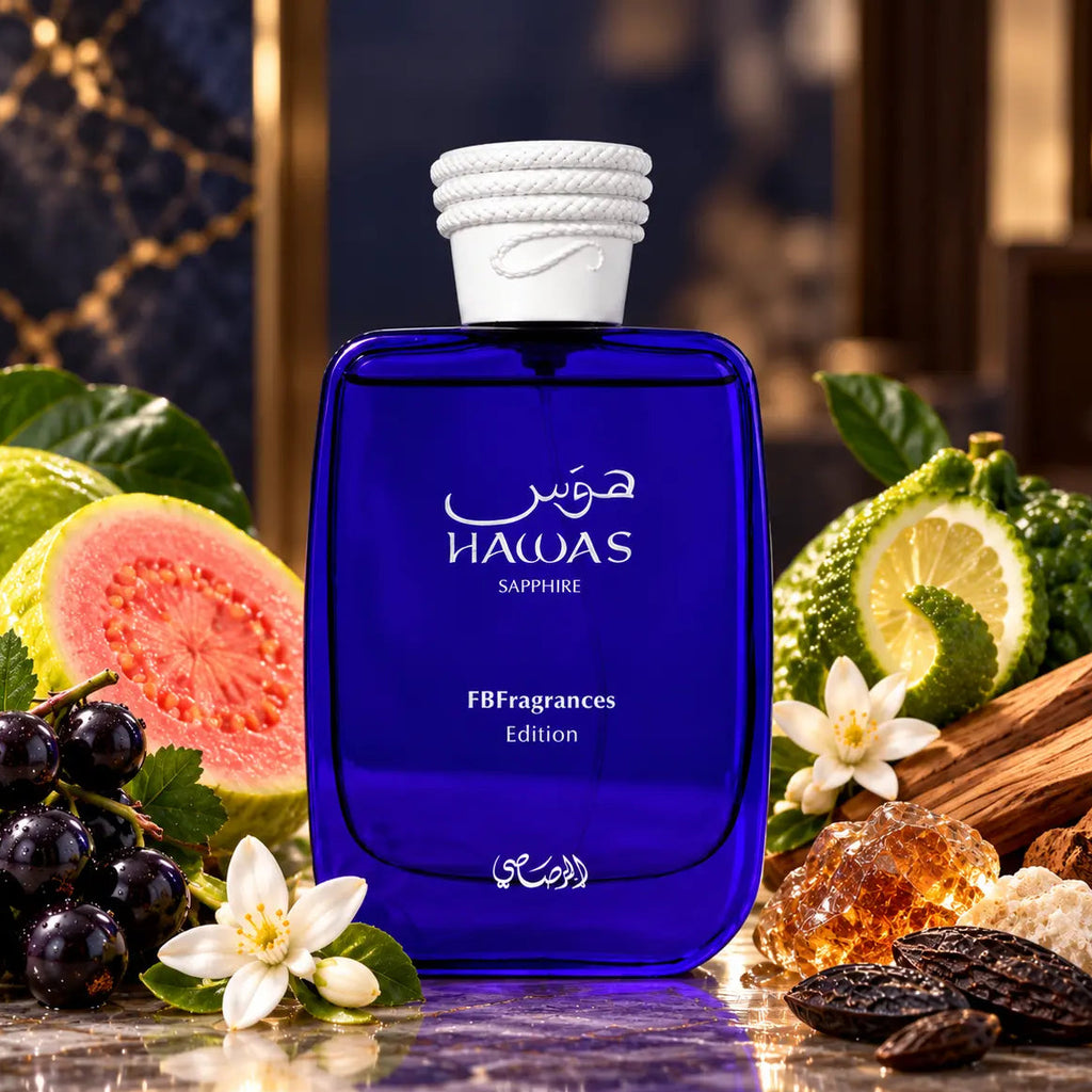 Rasasi Hawas Sapphire EDP bottle, hand-decanted into 5ml, 10ml and 20ml metal atomizers