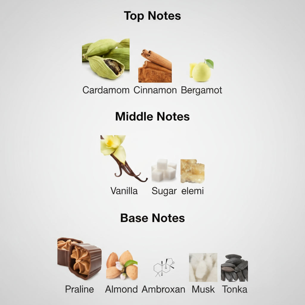 Chart of top, middle, and base notes with corresponding images and names on a white background.