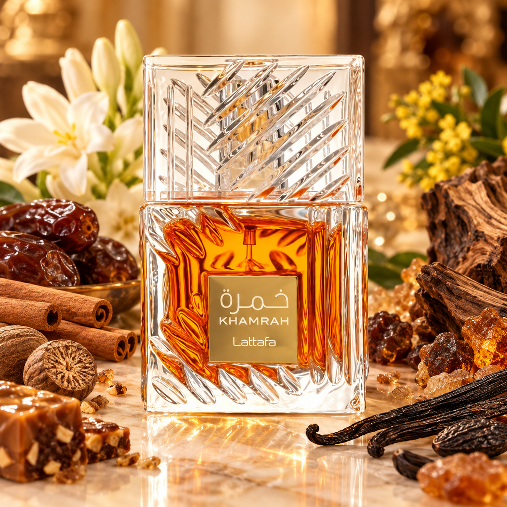 Lattafa Khamrah EDP bottle, hand-decanted into 5ml, 10ml and 20ml metal atomizers