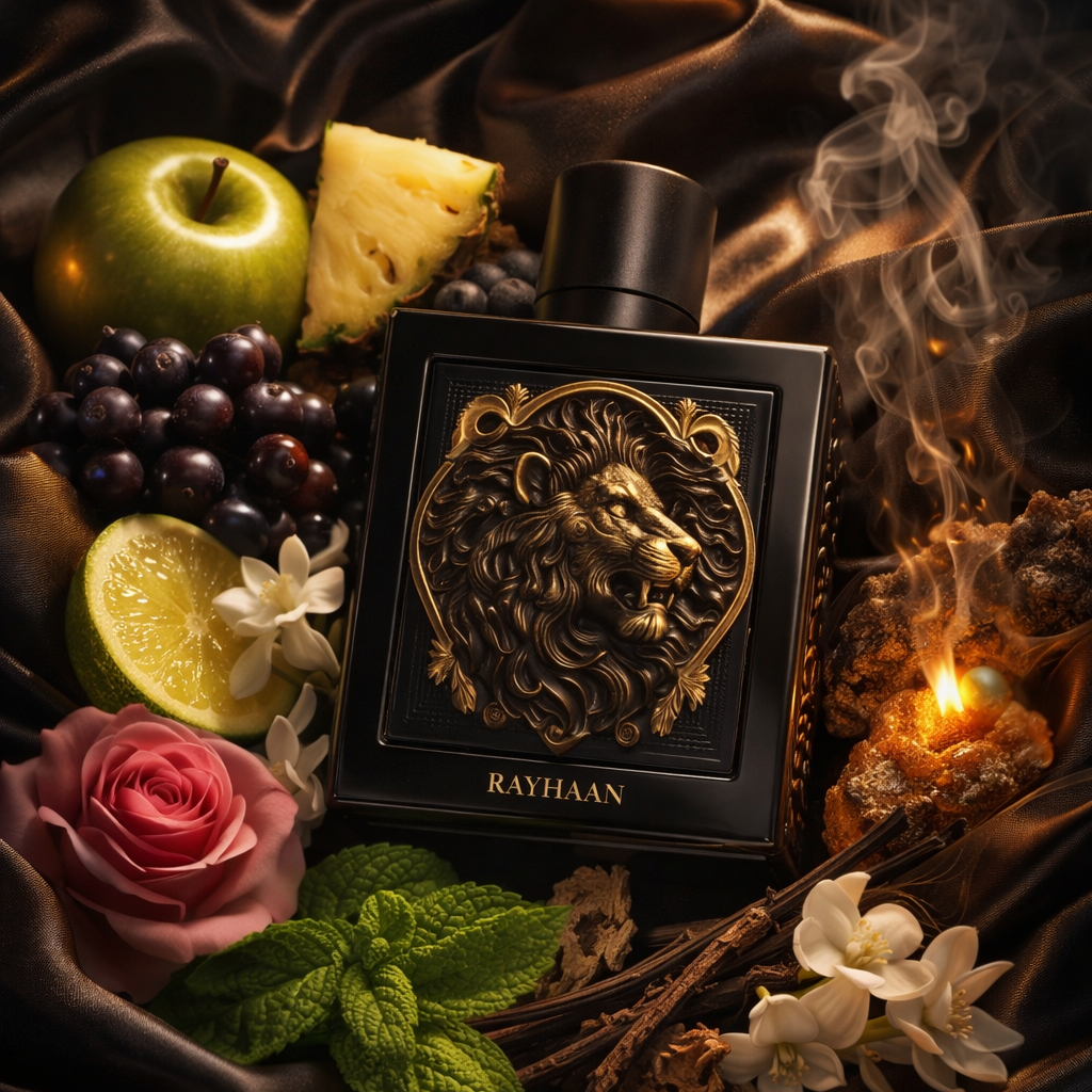 Perfume bottle with lion emblem surrounded by fruits, flowers, and leaves on a dark background