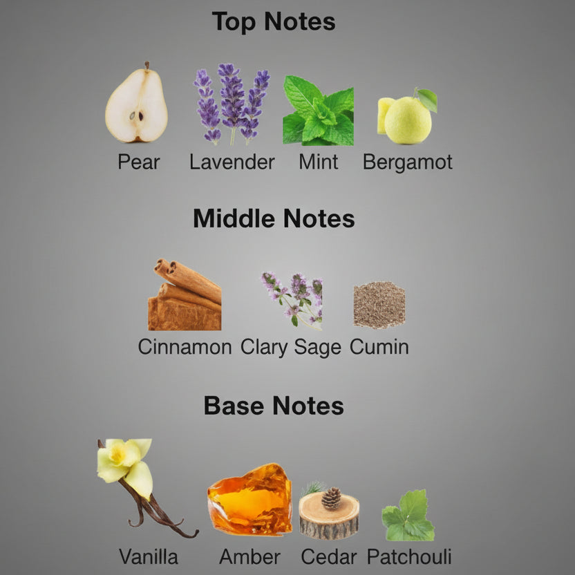 Chart of top, middle, and base notes with corresponding images and labels on a white background.