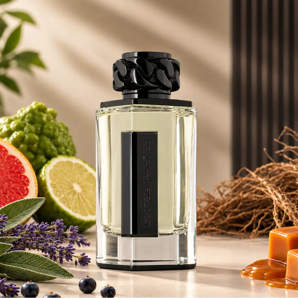 Afnan Lynked Freedom EDP bottle, hand-decanted into 5ml, 10ml and 20ml metal atomizers