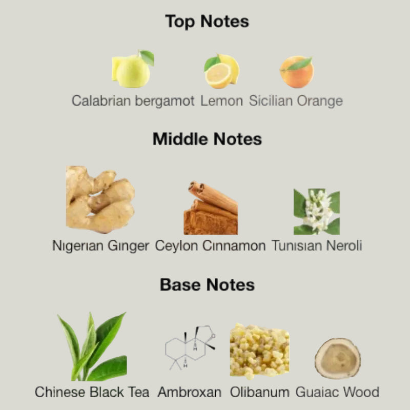 Chart showing top, middle, and base notes of a fragrance with corresponding images and names.