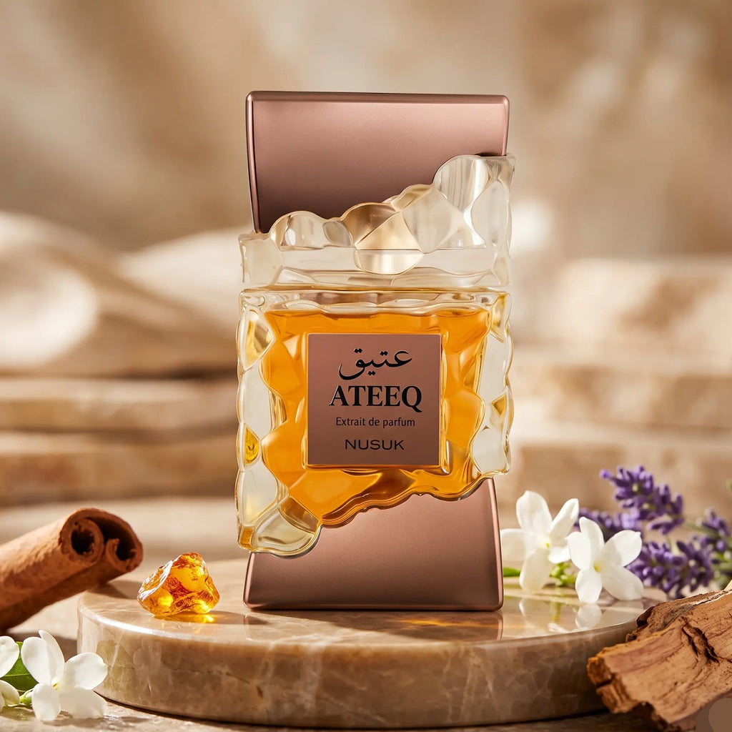 Nusuk Ateeq Extrait de Parfum bottle, hand-decanted into 5ml, 10ml and 20ml metal atomizers