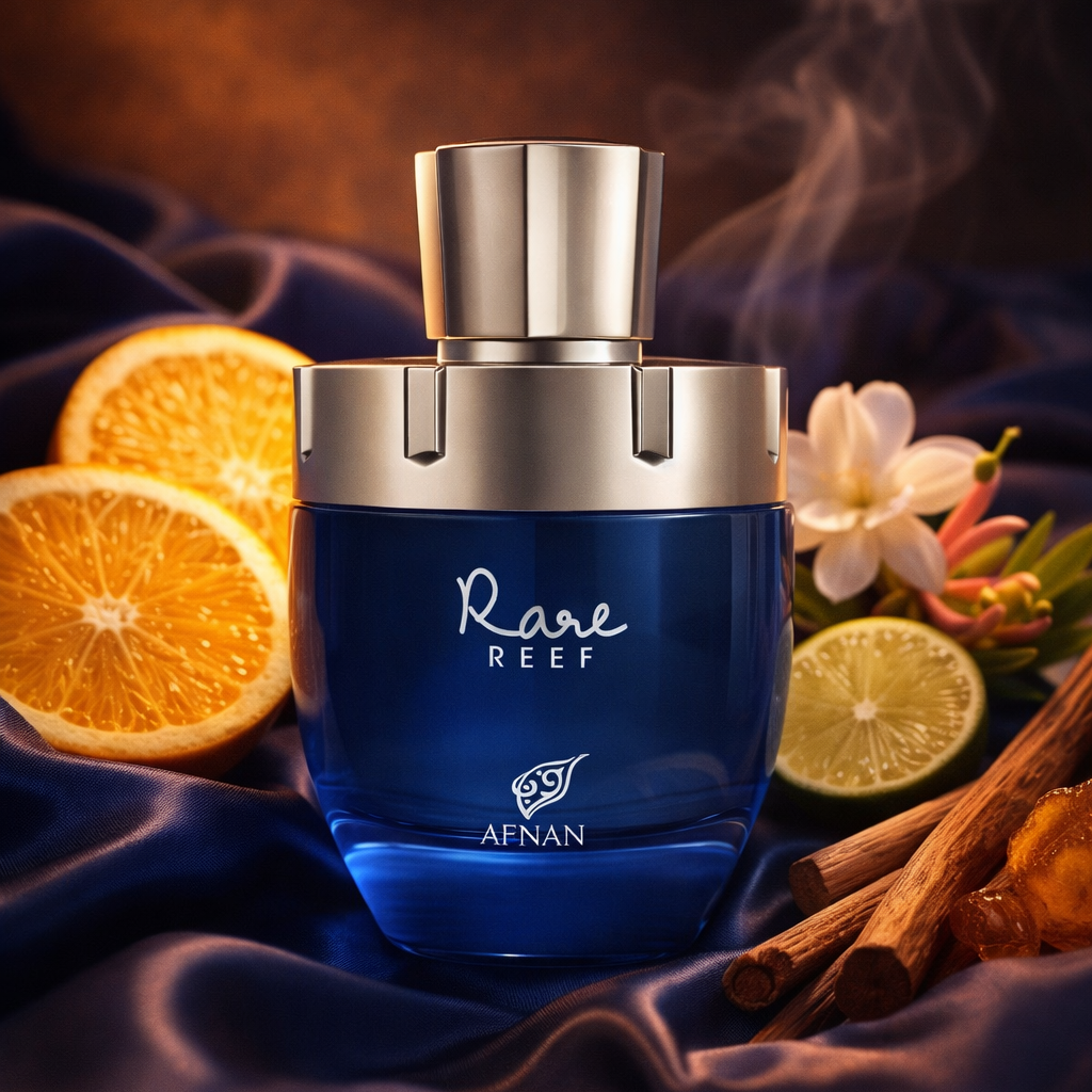 Blue perfume bottle labeled 'Rare Reef' by Afnan with oranges, flowers, and cinnamon sticks on a dark fabric background.