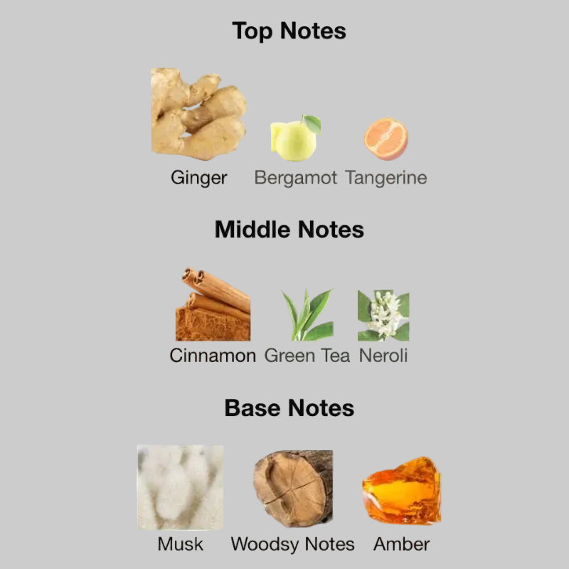 Chart showing top, middle, and base notes of a fragrance with corresponding images and labels.