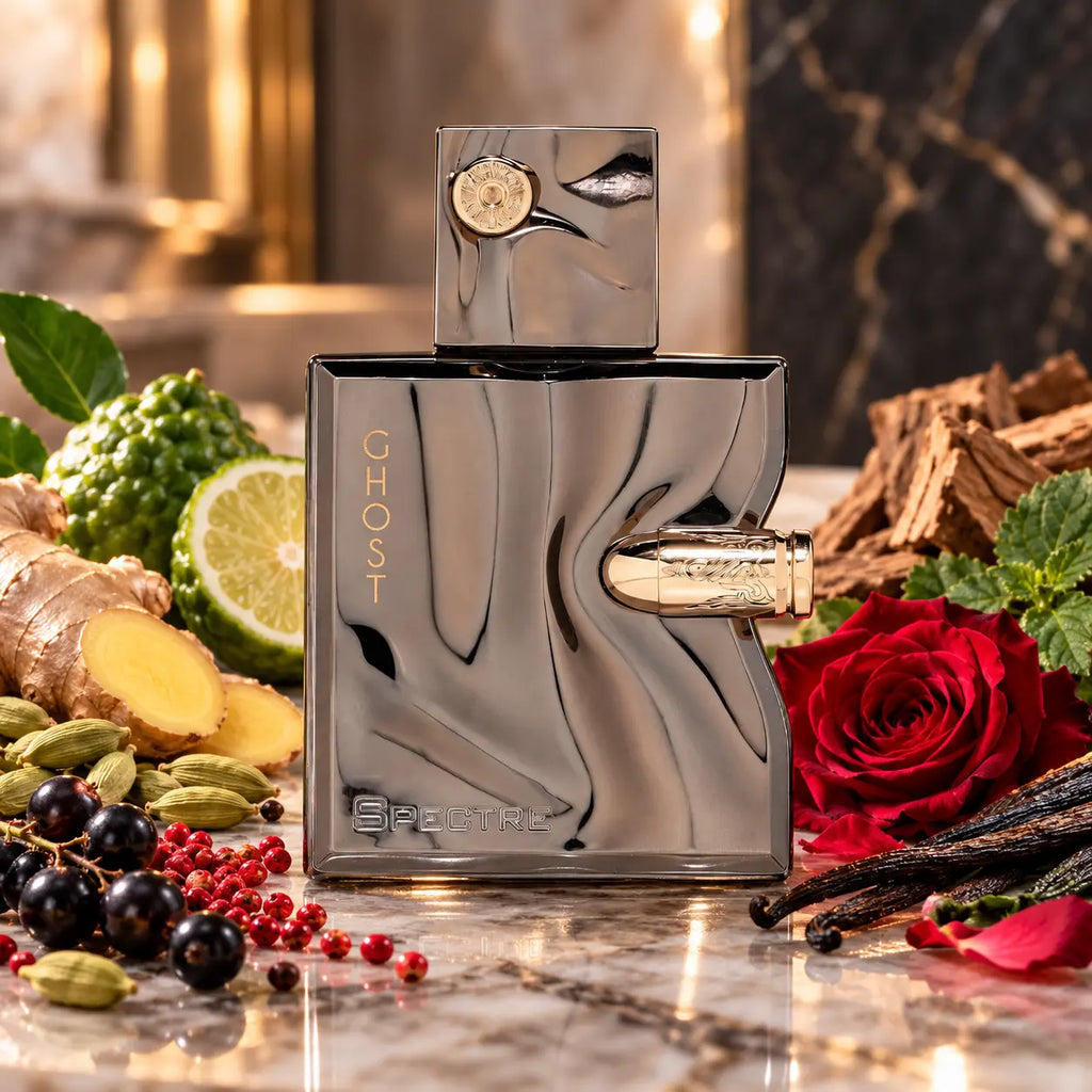 French Avenue Spectre Ghost EDP bottle, hand-decanted into 5ml, 10ml and 20ml metal atomizers