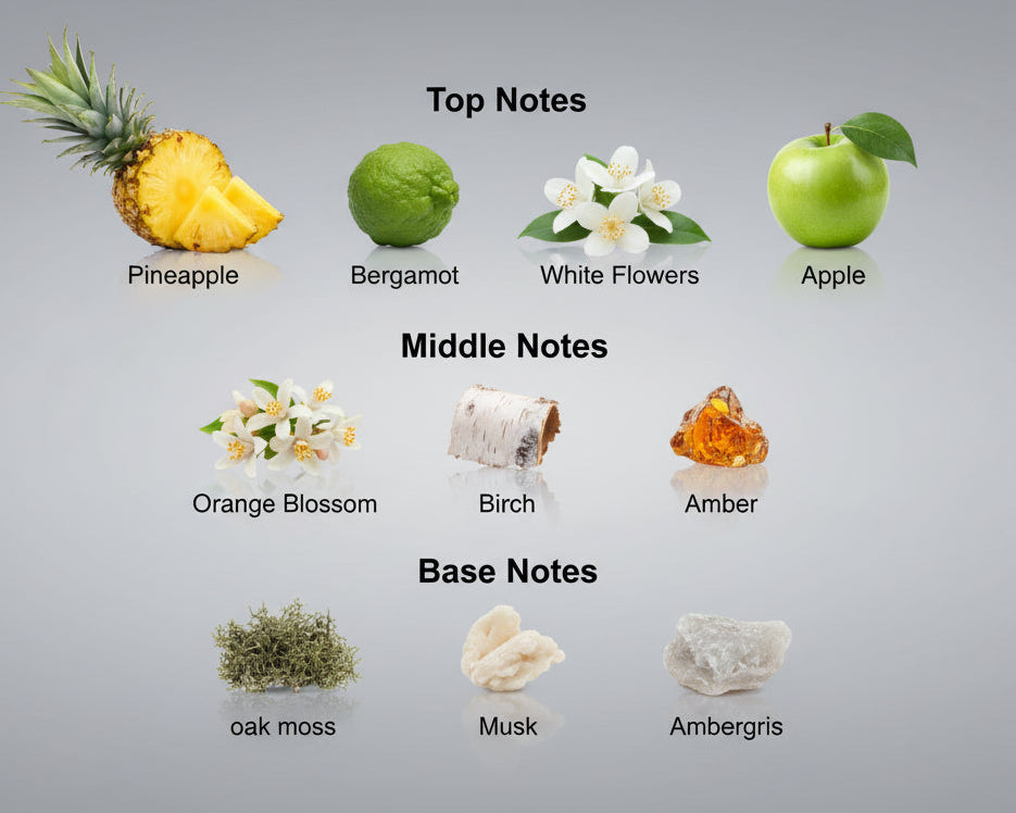 Chart of top, middle, and base notes with corresponding images and names on a white background.